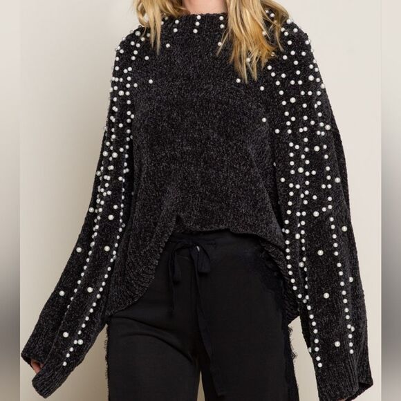 POL USA Oversized Pearl Embellished Sleeves Sweater Extra Baggy Sz Small - Picture 2 of 7